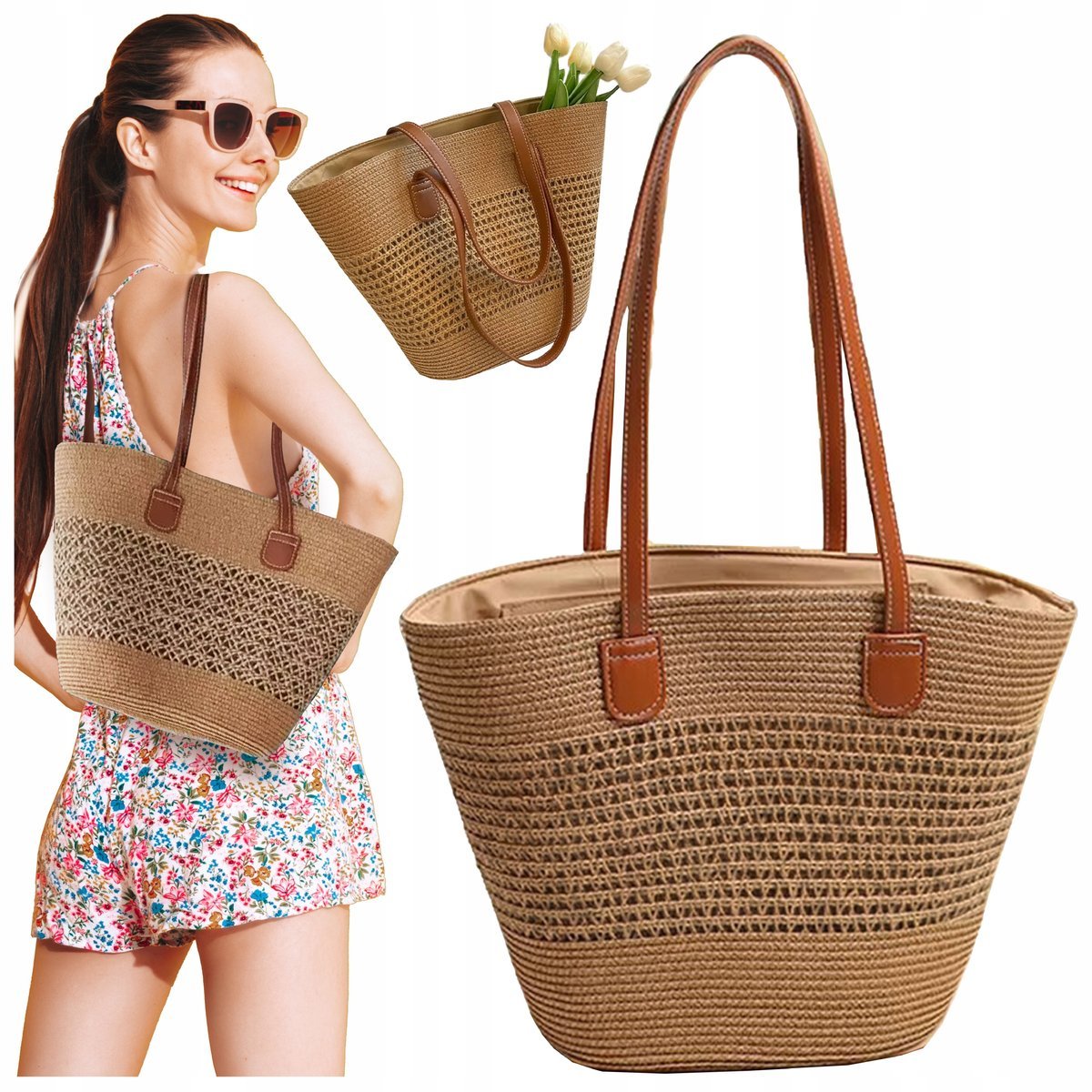 TORBA PLAŻOWA BOHO SŁOMIANA MIEJSKA SHOPPERKA NA PLAŻĘ NA ZAKUPY DUŻA