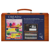 Farby i media malarskie - Creadu, Zestaw farb akrylowych z pędzlami, ołówkami i plastikową paletką w drewnianej walizce, 34 elementy - miniaturka - grafika 1