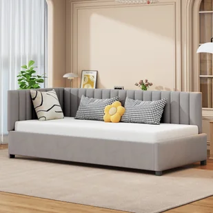 Merax łóżko dzienne 90x200cm sofa rozkładana z listwami, aksamitne łóżko tapicerowane łóżko dziecięce łóżko dzienne sofa rozkładana z podłokietnikami, szary - Sofy i kanapy - miniaturka - grafika 1