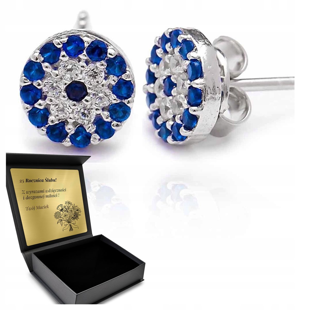 Kolczyki Srebrne Delikatne Subtelne Z Szafirami Cyrkoniami Piękne + Grawer