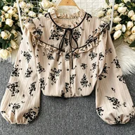 Koszule damskie - TEMU Bluzka Damska - Elegancka Koszula w Kwiaty z Beżowo-Czarnej Wersji, Długi Rękaw na Styl Casual i Formalny, Pranie Maszynowe, Bez Elastyczności, - miniaturka - grafika 1