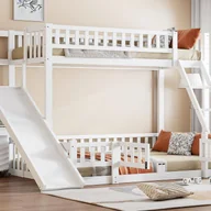 Łóżka dla dzieci i młodzieży - Drewniane łóżko piętrowe 90x200cm & 140x200cm - ze zjeżdżalnią + barierki - Biały - miniaturka - grafika 1