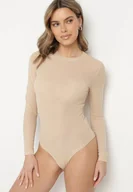 Body - Jasnobeżowe Gładkie Body z Długimi Rękawami Teuma - miniaturka - grafika 1