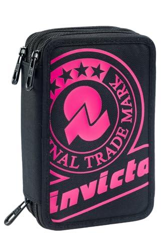 Invicta Piórnik szkolny z 3 zamkami błyskawicznymi, solidny neonowy nadruk, czarno-fioletowy, potrójna komora z długopisami, ołówkami i markerami, akcesoria szkolne, akcesoria do plecaka, szkoły