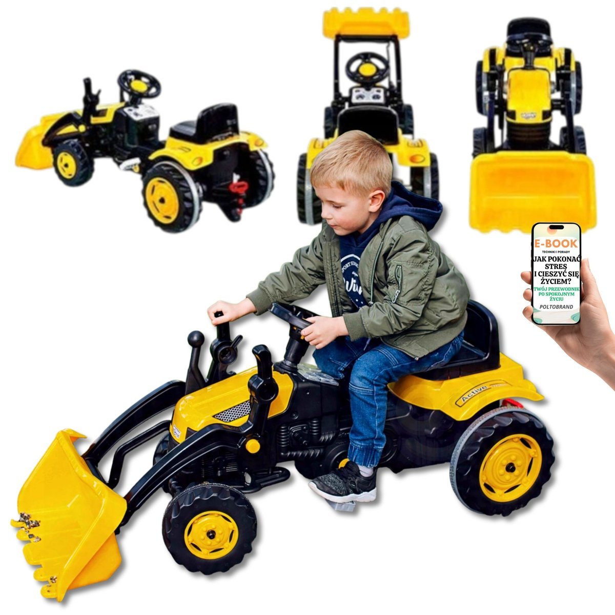 OGROMNY TRAKTOR FARMER NA PEDAŁY Z ŁYŻKĄ DLA DZIECKA ŁADOWACZ + KIEROWNICA Z KLAKSONEM PREZENT DLA DZIECI 3+ CHŁOPCA + EBOOK-1