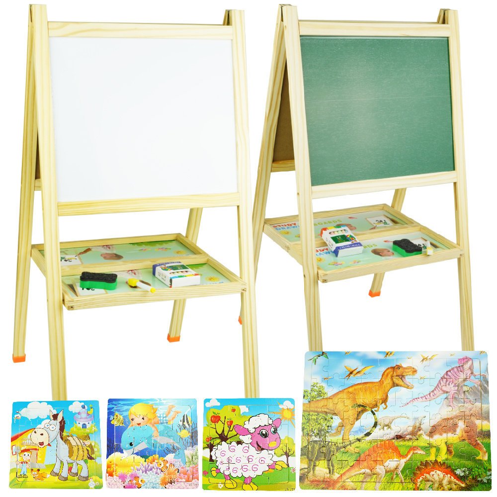 2w1 Dwustronna tablica magnetyczna kredowa drewniana + puzzle
