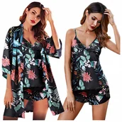 Bielizna nocna - Komplet szlafrok damski satynowy piżama dwuczęściowa - S - miniaturka - grafika 1