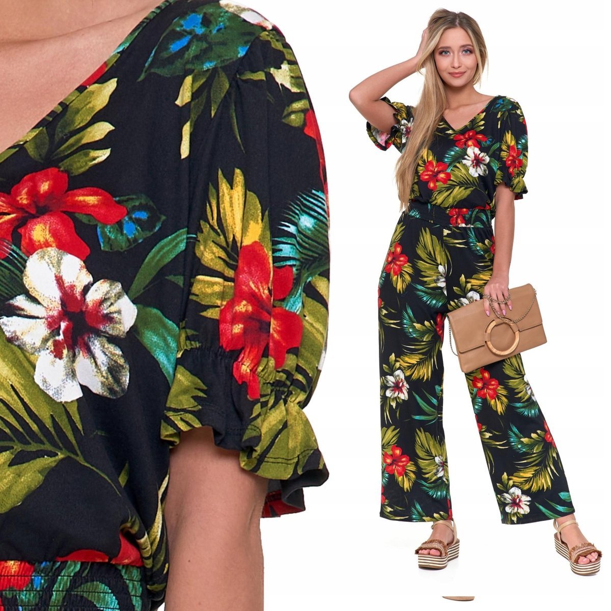 Kombinezon Długi Damski Kwiatowy Wzór Kobieca Podkreślona Talia Moraj S Patt2