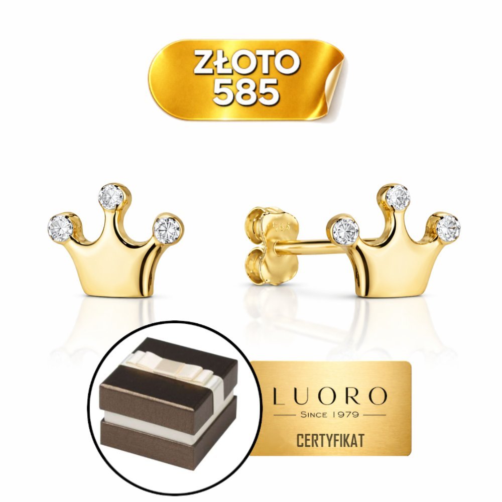 KOLCZYKI ZŁOTE 585 14K KORONA DIAMENTOWANE DWA KOLORY SZTYFT 0,6 CM