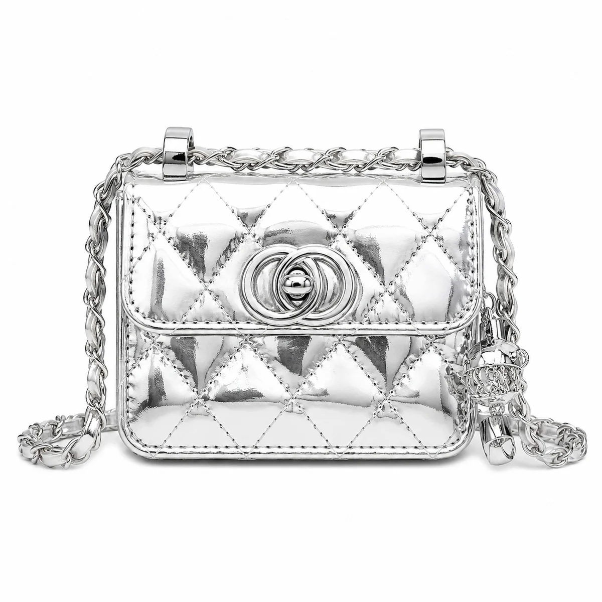 mała srebrna TOREBKA damska pikowana na łańcuszku mini luksusowa 13×11×6 cm