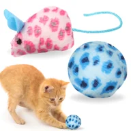 Zabawki dla kotów - ZESTAW 2 sztuki, Pluszowa myszka z ogonem dla kota, grzechocząca piłeczka dla kotka, bezpieczna zabawka - miniaturka - grafika 1