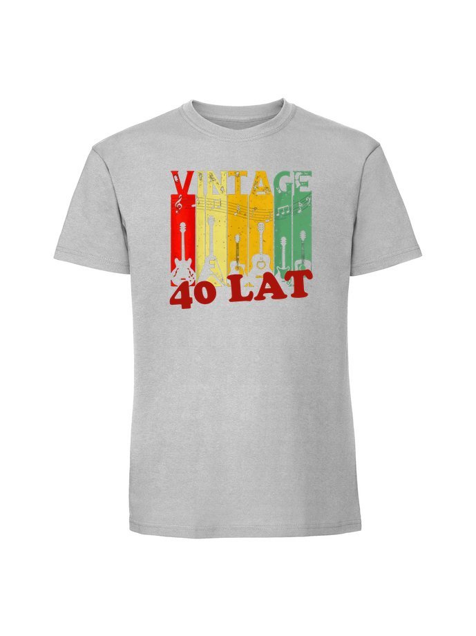 Męska koszulka z nadrukiem - 40 VINTAGE GITARY + WIEK 40 lat Pastelowy szary XXL