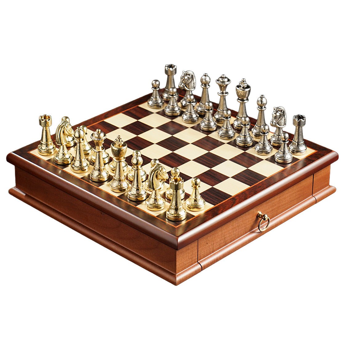 Ekskluzywne szachy Staunton mosiężne 32×32 cm z drewnianą planszą
