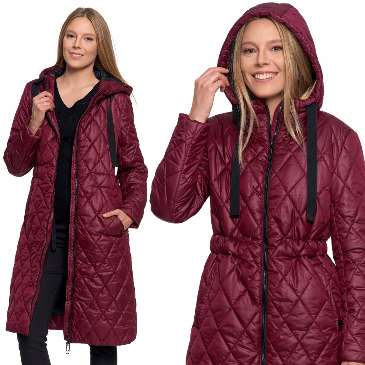 Modna Kurtka Damska Długa Pikowana Płaszcz Z Kapturem Na Jesień Moraj Xxl Purple