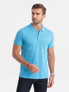 Koszulki męskie - Koszulka polo z dzianiny pique - niebieska V3 S1746 - grafika 1
