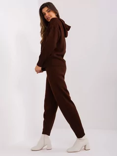 Komplety damskie - Komplet casualowy ciemny brązowy casual sweter i spodnie kaptur nogawka ze ściągaczem materiał prążkowany - grafika 1
