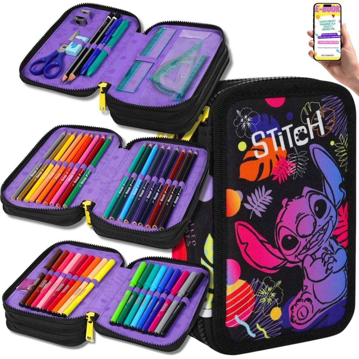 PIÓRNIK STITCH 3-KOMOROWY Z WYPOSAŻENIEM BLACK – SZKOLNY ZESTAW DLA DZIEWCZYNKI PRZYBORY SZKOLNE + EBOOK