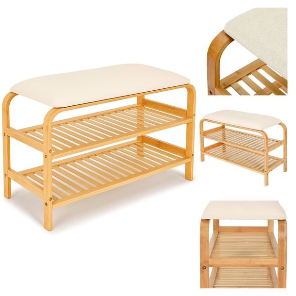 Szafka na Buty z Siedziskiem Beż Regał z 2 Półkami 70x30x46 Stojak Bambus