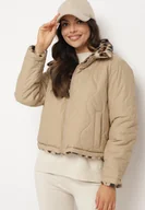 Kurtki damskie - Beżowa Pikowana Kurtka Dwustronna ze Stójką i Ściągaczem z Futerkiem w Panterkę Cesila - miniaturka - grafika 1