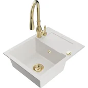 Zlewozmywaki z baterią - Mexen Enzo zlewozmywak granitowy 1-komorowy z ociekaczem i baterią kuchenną Savita, biały - miniaturka - grafika 1