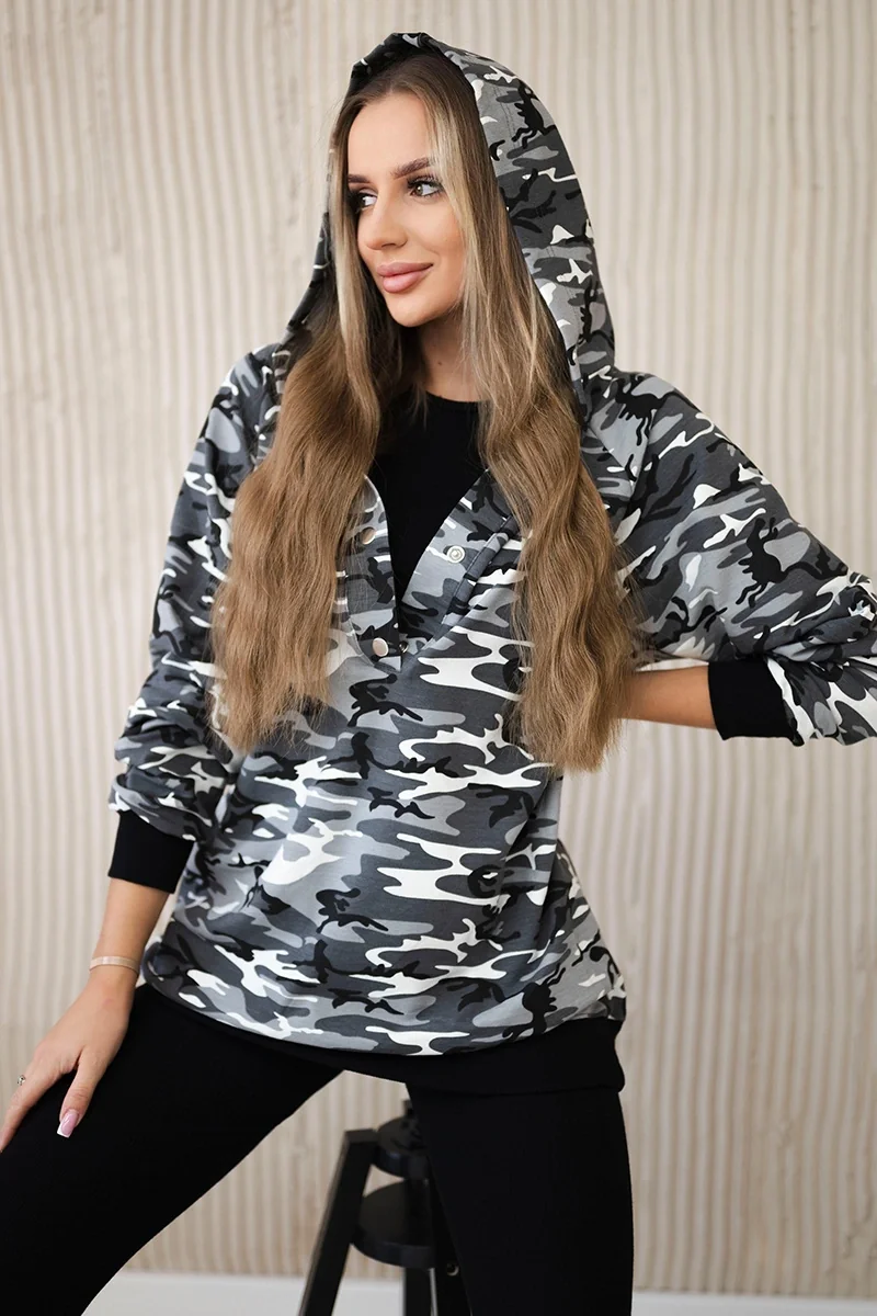 Komplet 3-częściowy moro bluza, top i legginsy szary + czarny Czarny| Szary