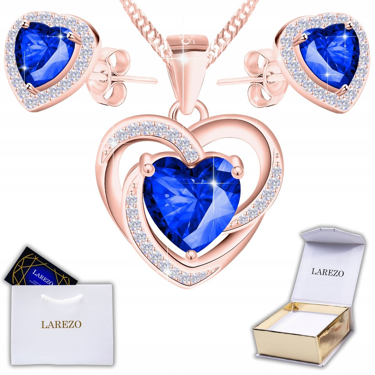 Zestaw Naszyjnik i Kolczyki 925 Niebieskie Kryształowe Serca POZŁACANE 750