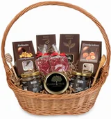 Zestawy upominkowe - Kosz prezentowy zestaw ciemny z herbatą kawą i słodyczami miody konfitura - miniaturka - grafika 1