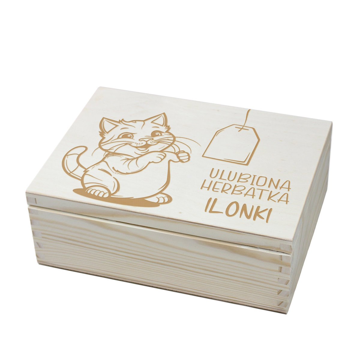 Pudełko na herbatę z grawerem, herbaciarka z imieniem dla miłośnika kotów