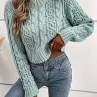 Swetry damskie - TEMU Sweter Damski z Eleganckim Długim Rękawem - Stylowy do Biura i na Uroczystości, Miętowa Zieleń Pastelowa, Wysoki Kołnierzyk, Pulower na - miniaturka - grafika 1