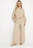 Komplety damskie - Jasnobeżowy Wiskozowy Komplet Oversize Koszula i Spodnie z Gumką w Talii Natilira - miniaturka - grafika 1