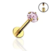 Kolczyki - Tytanowy ZŁOTY Labret z Różową cyrkonią 1,2/10/4 - miniaturka - grafika 1