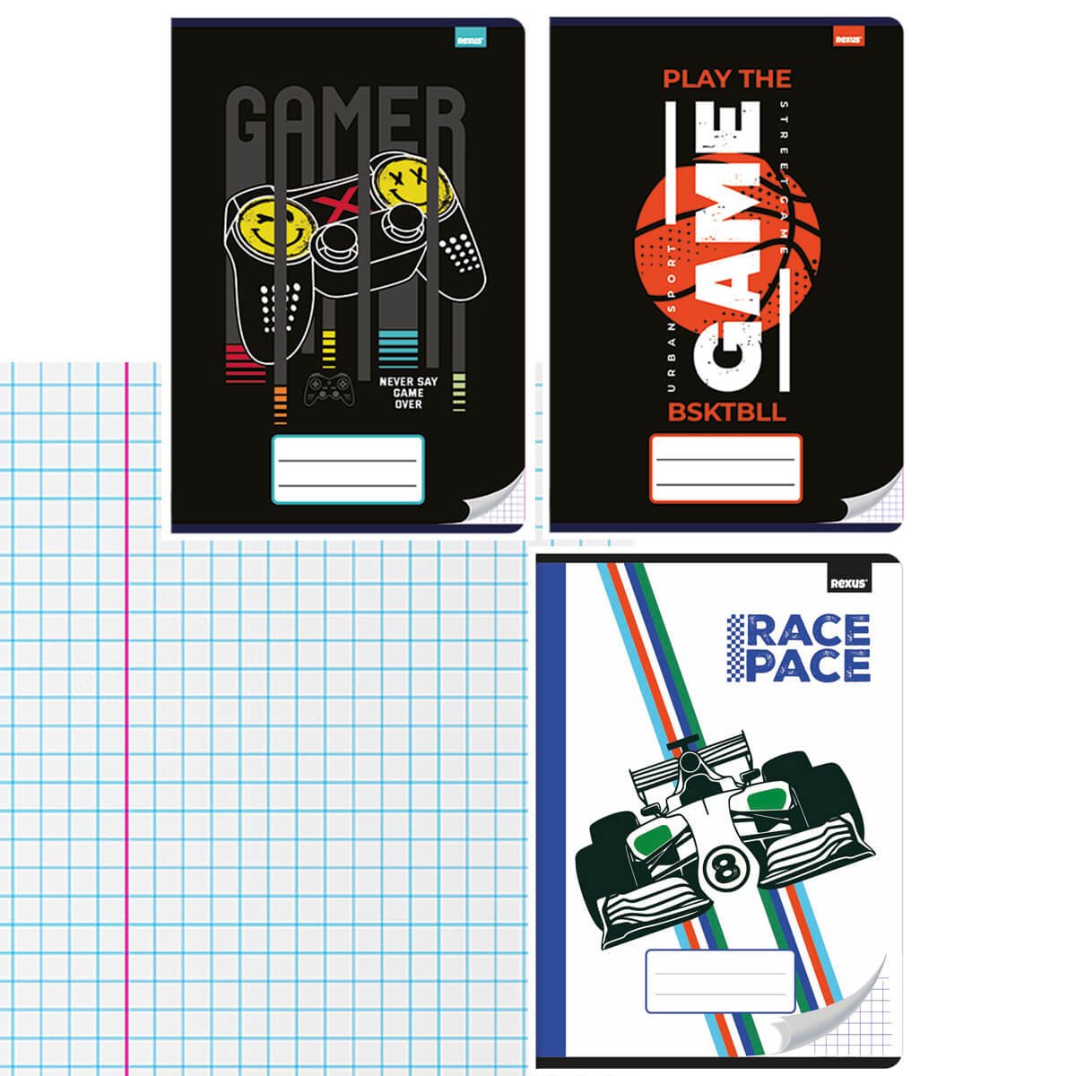 3x zeszyt A4, 32 kartki, kratka z marginesem, game dla chłopca, Beniamin Rexus
