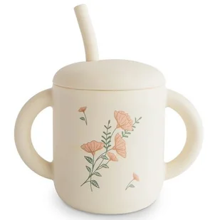 Kubek silikonowy ze słomką Pink Flowers, Mushie - Kubki dla dzieci - miniaturka - grafika 1