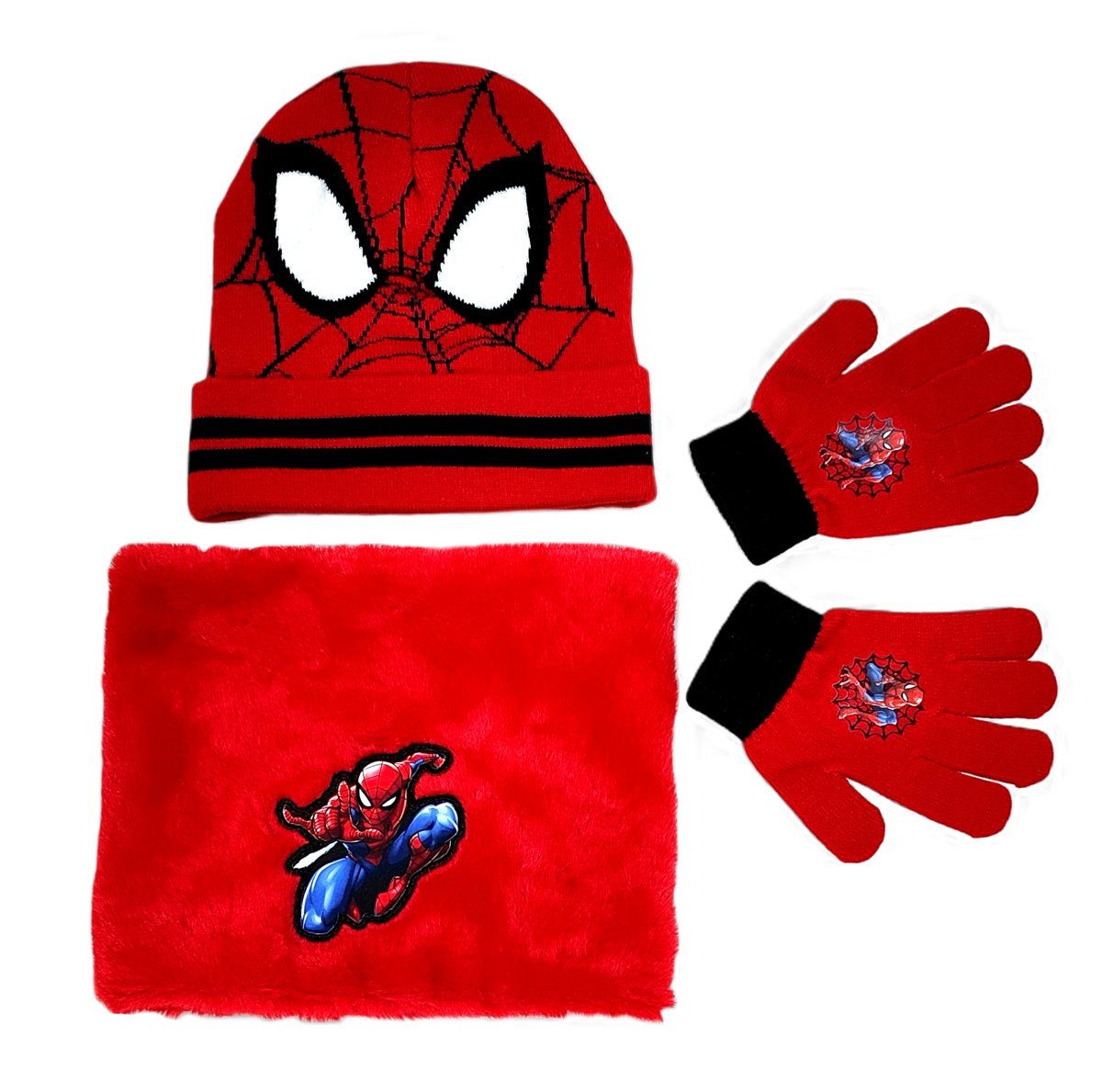 Pakiet zimowy: Czerwona czapka + rękawiczki + komin Spider-Man.
