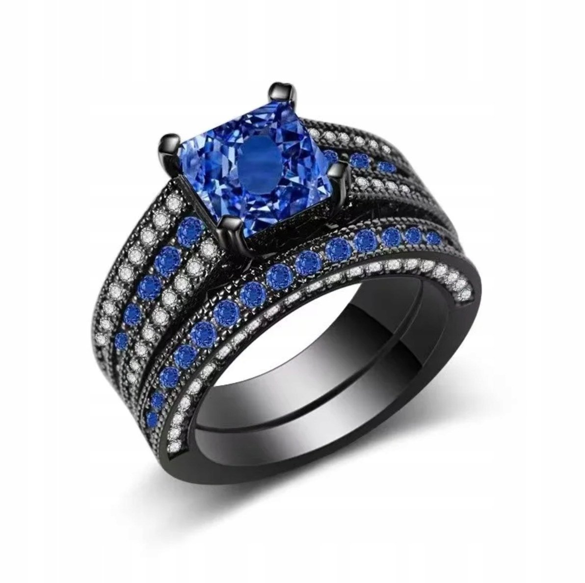 Pierścionek z Szafirami i Cyrkoniami Czarny Poduszka Stal Chirurgiczna