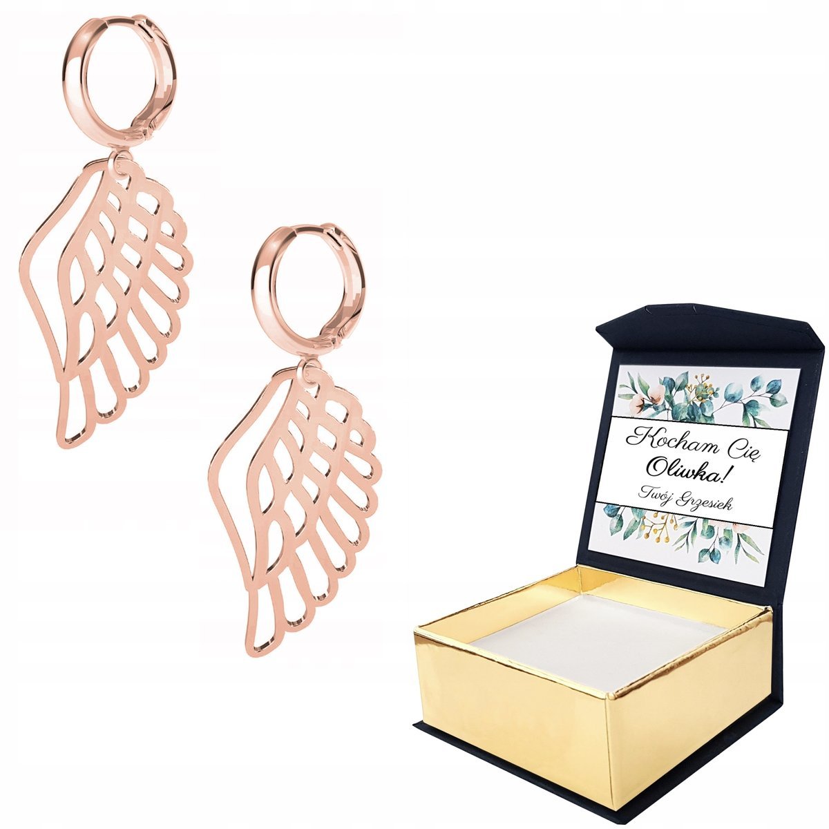 Kolczyki róż złoto Skrzydło Anioła WŁASNY NADRUK