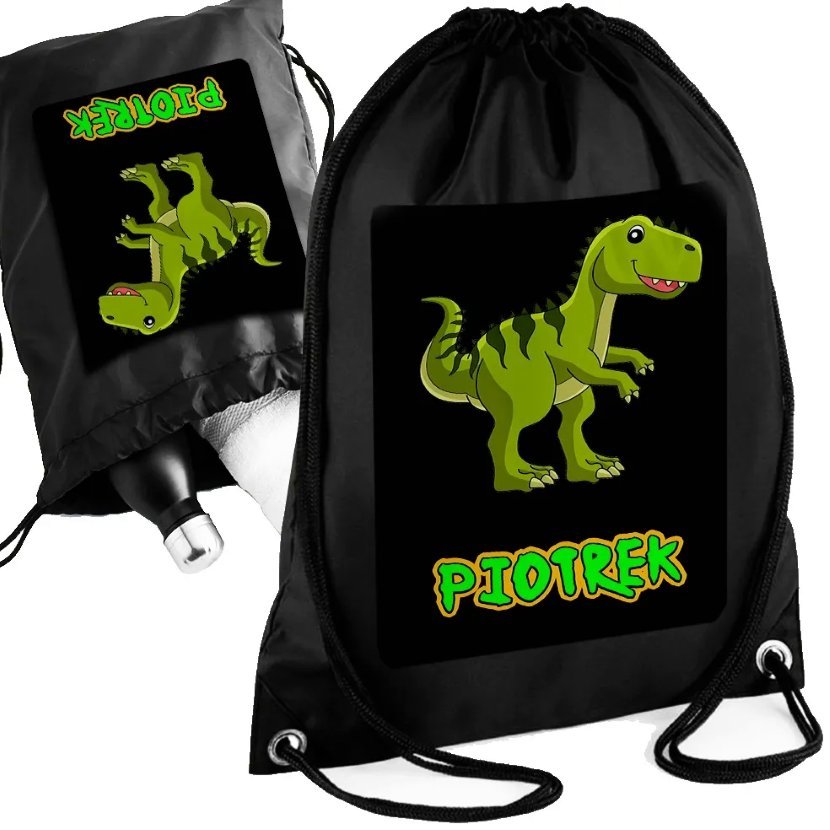 Personalizowany Czarny Worko-Plecak DINOZAURY GIGANTOZAUR - Imię Prezent