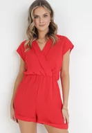Kombinezony - Czerwony Kombinezon z Krótkimi Nogawkami i Kopertowym Dekoltem z Wiskozy Polisse - miniaturka - grafika 1
