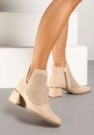 Botki damskie - Beżowe Botki na Słupku z Metaliczną Wstawką i Ażurowym Zdobieniem Vleferdia - miniaturka - grafika 1