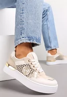 Sneakersy damskie - Beżowe Sznurowane Sneakersy na Grubej Podeszwie z Ozdobną Wstawką Minsa - miniaturka - grafika 1