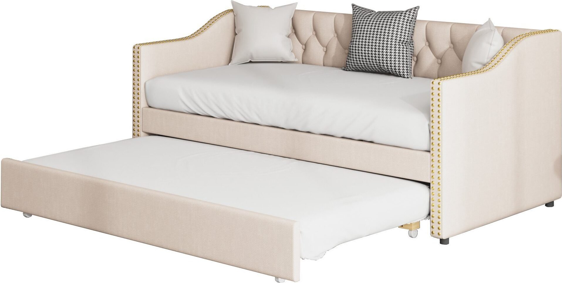 Łóżko tapicerowane Fortuna Lai 90x200, Sofa Łóżko Beżowe Trwała Tkanina Lniana Łóżko Młodzieżowe Łóżeczko Gościnne