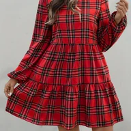 Sukienki - TEMU Elegancka czerwono-czarna koszulka w kratkę dla kobiet - długie rękawy, guziki, falbany, okrągły dekolt, idealna na wiosnę/leto, swobodna - miniaturka - grafika 1