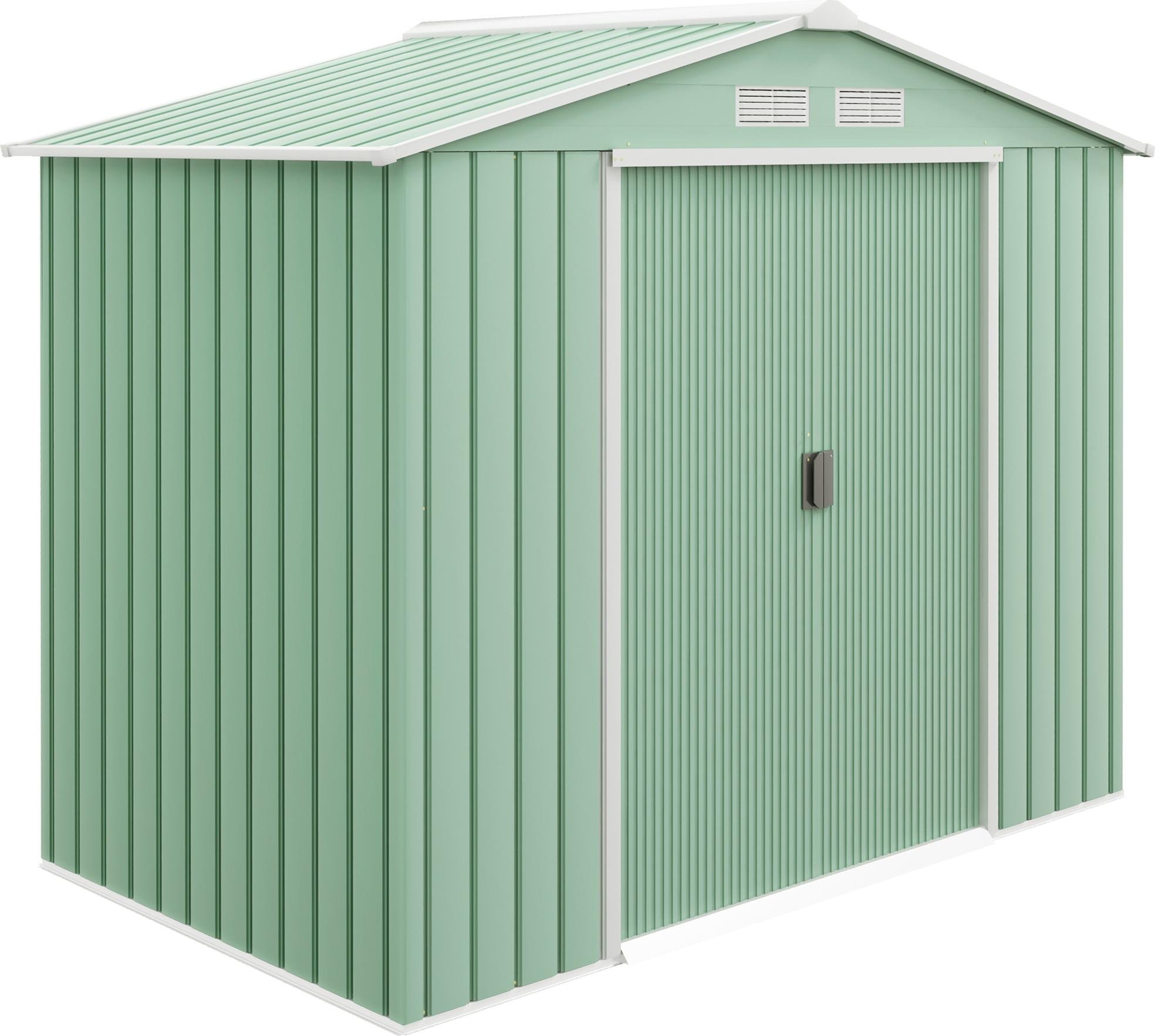 Domek narzędziowy Outsunny 2,5 m² z dachem dwuspadowym, drzwiami przesuwnymi, fundamentem, 213 x 130 x 185 cm, ocynkowany, stalowy, odporny na warunki atmosferyczne, do ogrodu, zielony