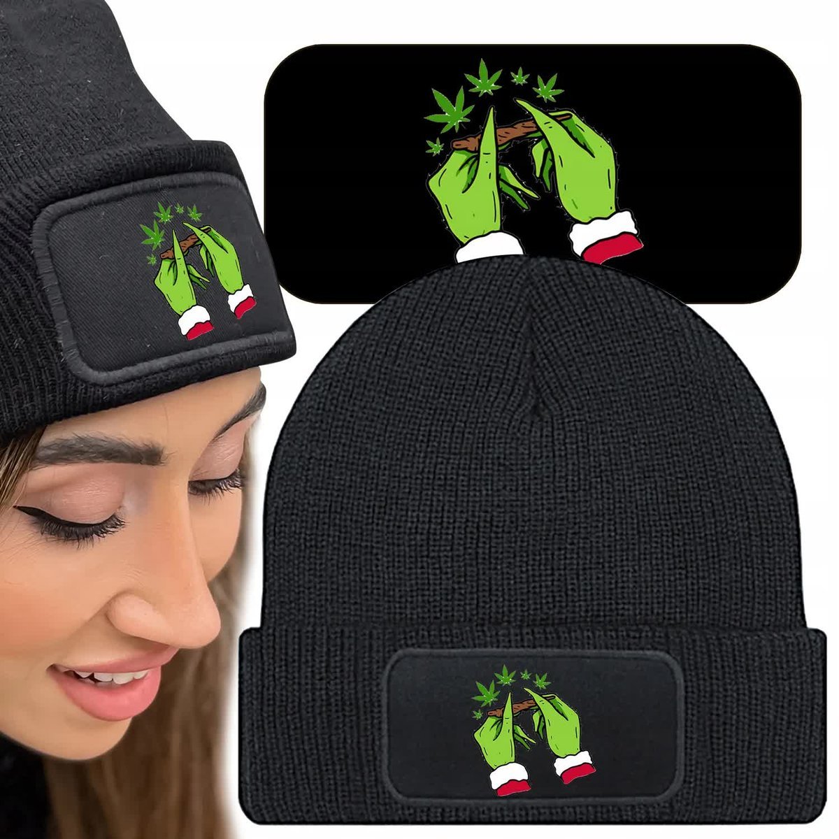 Ciepła Czapka Zimowa Czarna WEED GRINCH Modne Wz