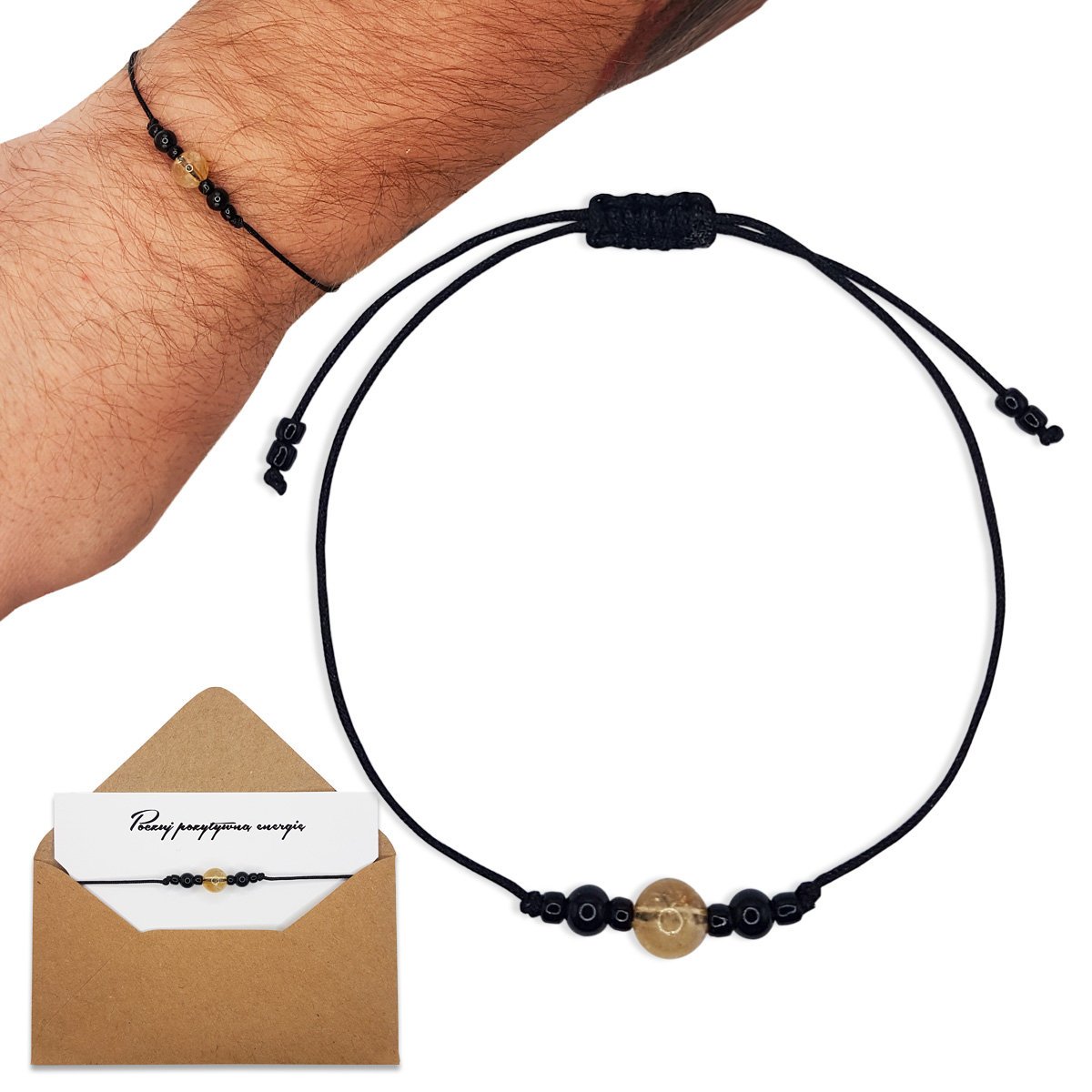 Czarny Turmalin Cytryn Bransoletka Męska - Naturalne Kamienie - Czarna Nić