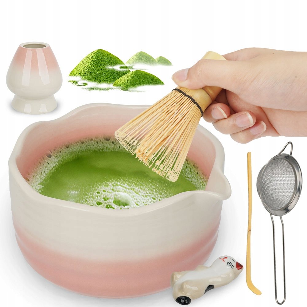 Kompletny Zestaw Do Parzenia Matchy 6W1 Ceramika Bambus Różowy Gradient