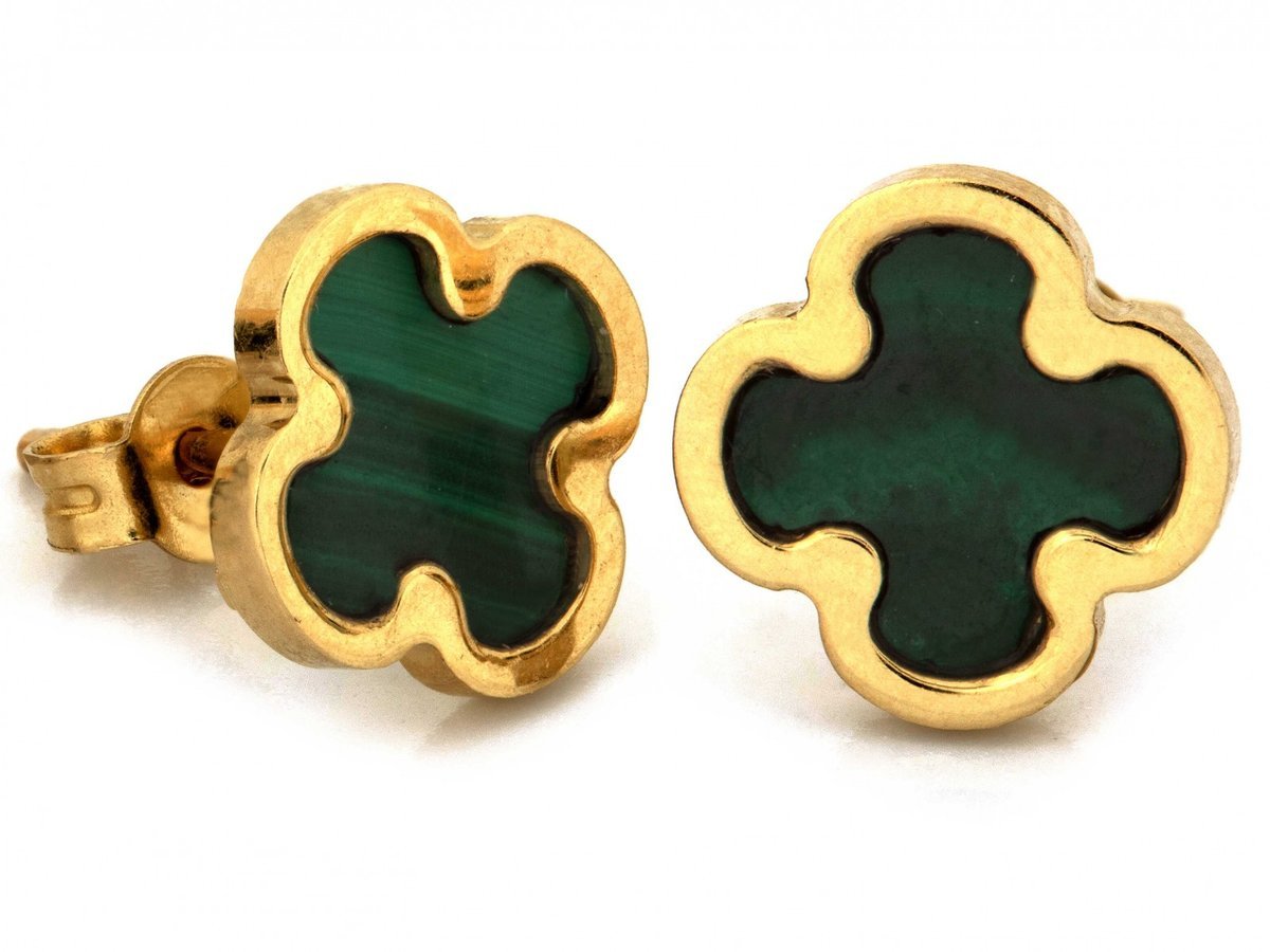 Kolczyki złote 585 kwiatek z malachitem na sztyfcie 2.06g