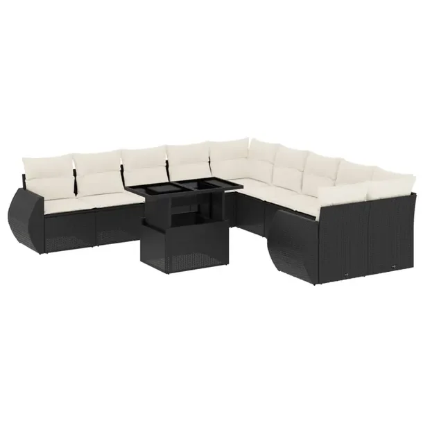 Zestaw wypoczynkowy rattan PE czarny 10szt. 75x75cm, kremowe poduszki