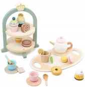 Zabawki interaktywne dla dzieci - Duży drewniany zestaw herbaciany kawowy serwis cukiernia patera (W056) - miniaturka - grafika 1
