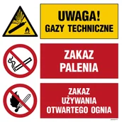 Tablice BHP - OI028 UWAGA! GAZY TECHNICZNE, ZAKAZ PALENIA, ZAKAZ UŻYWANIA OTWARTEGO OGNIA, FN - FOLIA SAMOPRZYLEPNA; (700X700MM) - miniaturka - grafika 1